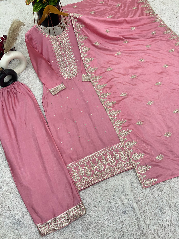 In The Festivemood Chinnon Silk Pink Kurti Set