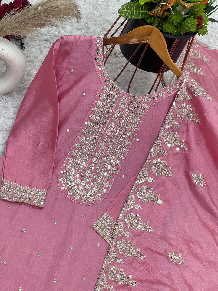 In The Festivemood Chinnon Silk Pink Kurti Set