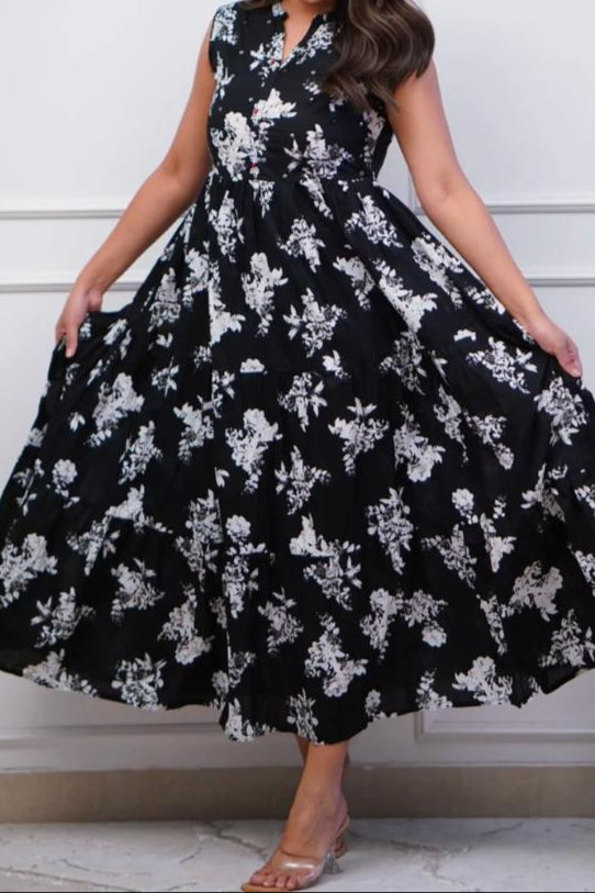 Black Flower Cotton Dress
