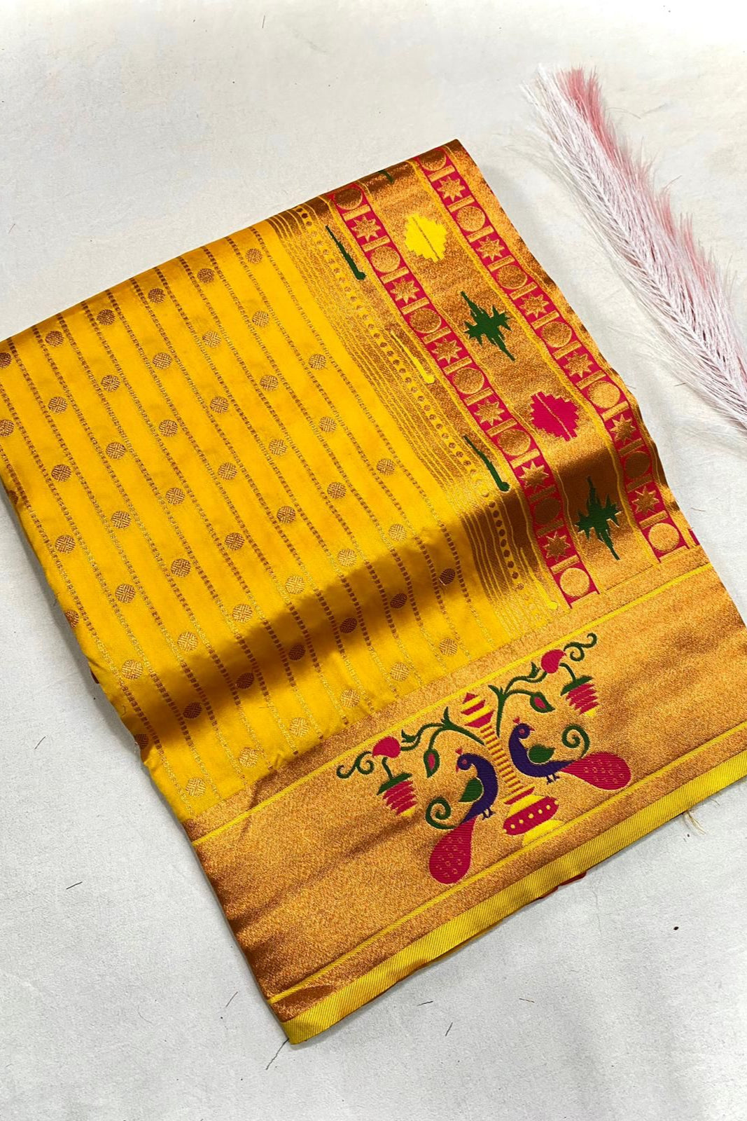 Autumn Leaves Paithani Yellow Silk Saree