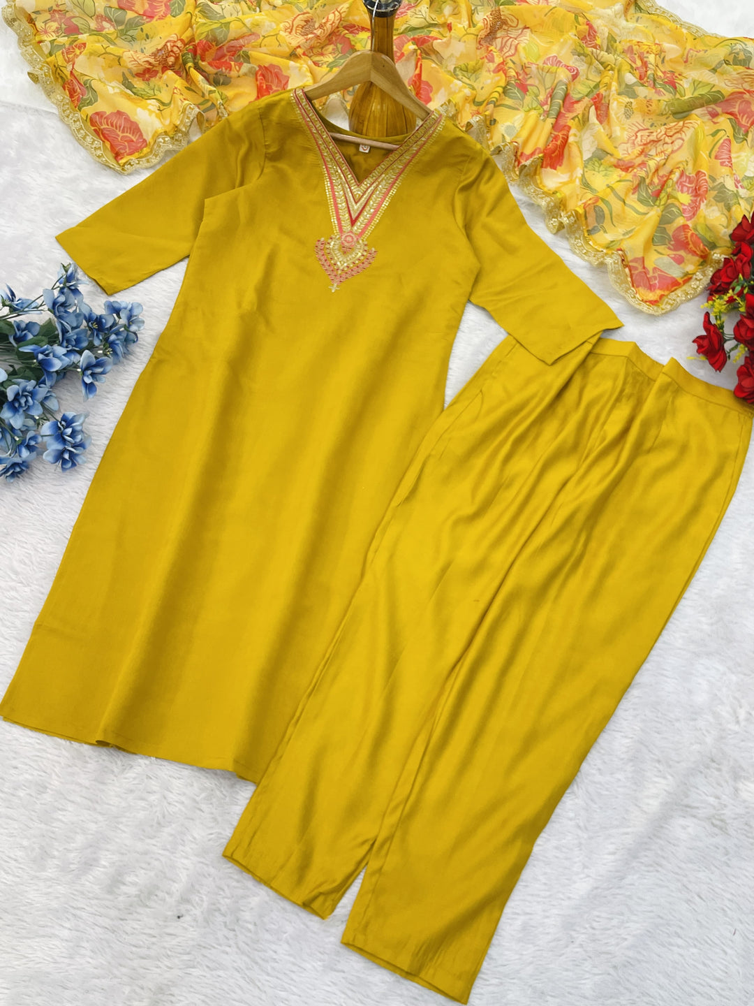 Beauty Of Grey Skies Chanderi Yellow Kurti Set