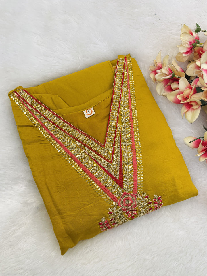 Beauty Of Grey Skies Chanderi Yellow Kurti Set