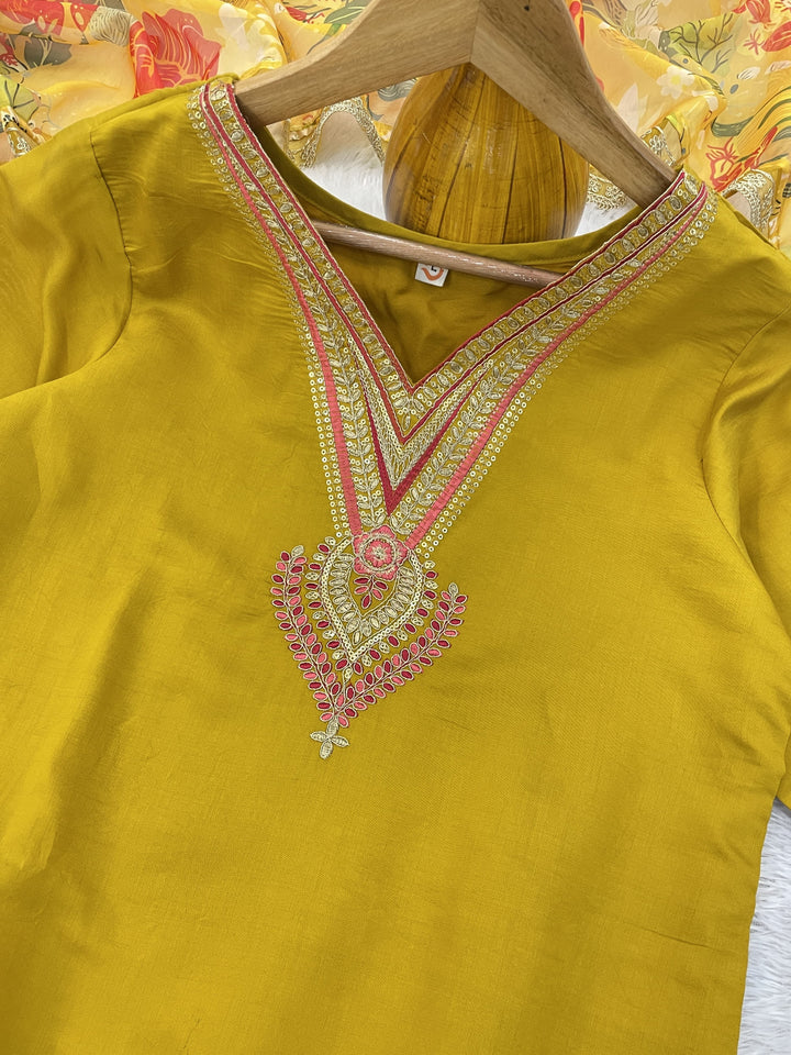 Beauty Of Grey Skies Chanderi Yellow Kurti Set