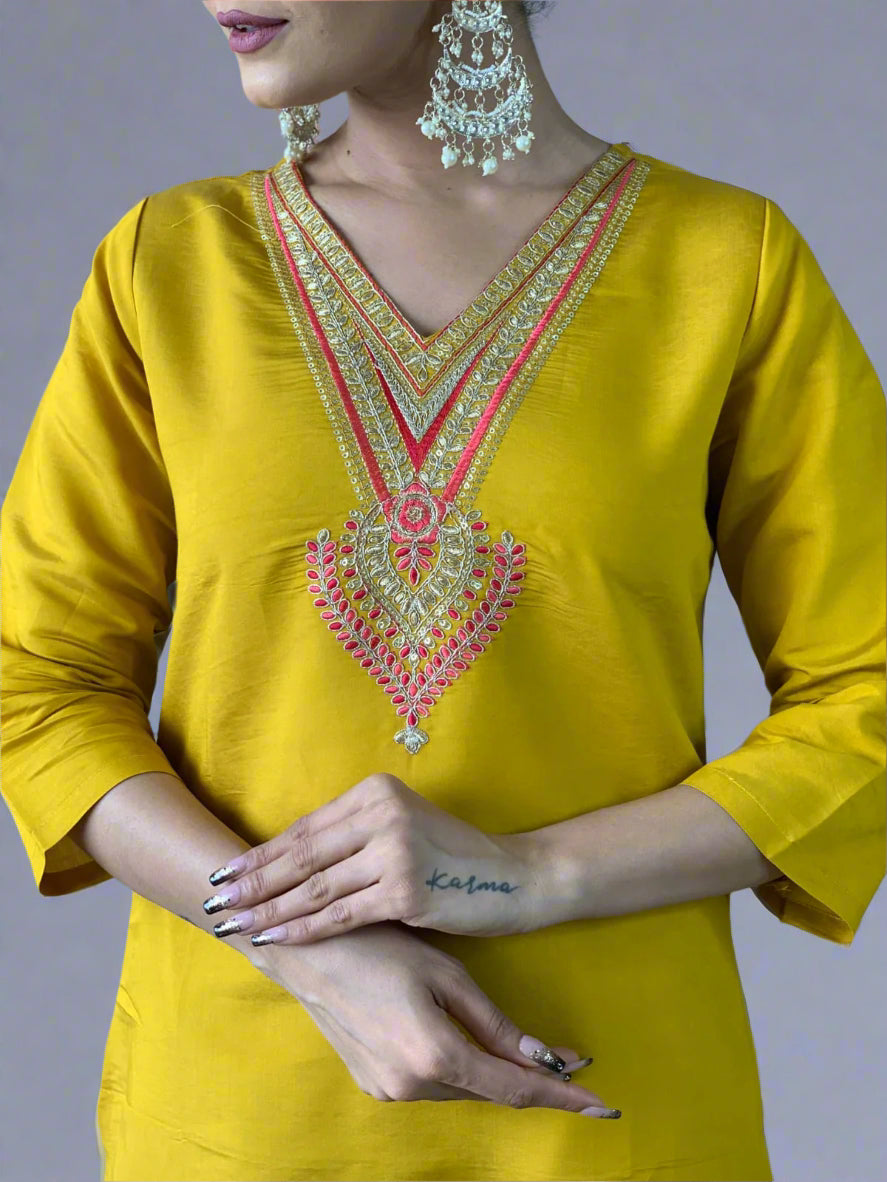 Beauty Of Grey Skies Chanderi Yellow Kurti Set