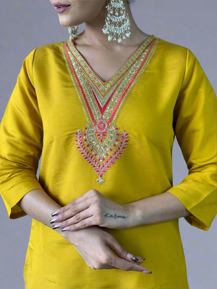 Beauty Of Grey Skies Chanderi Yellow Kurti Set