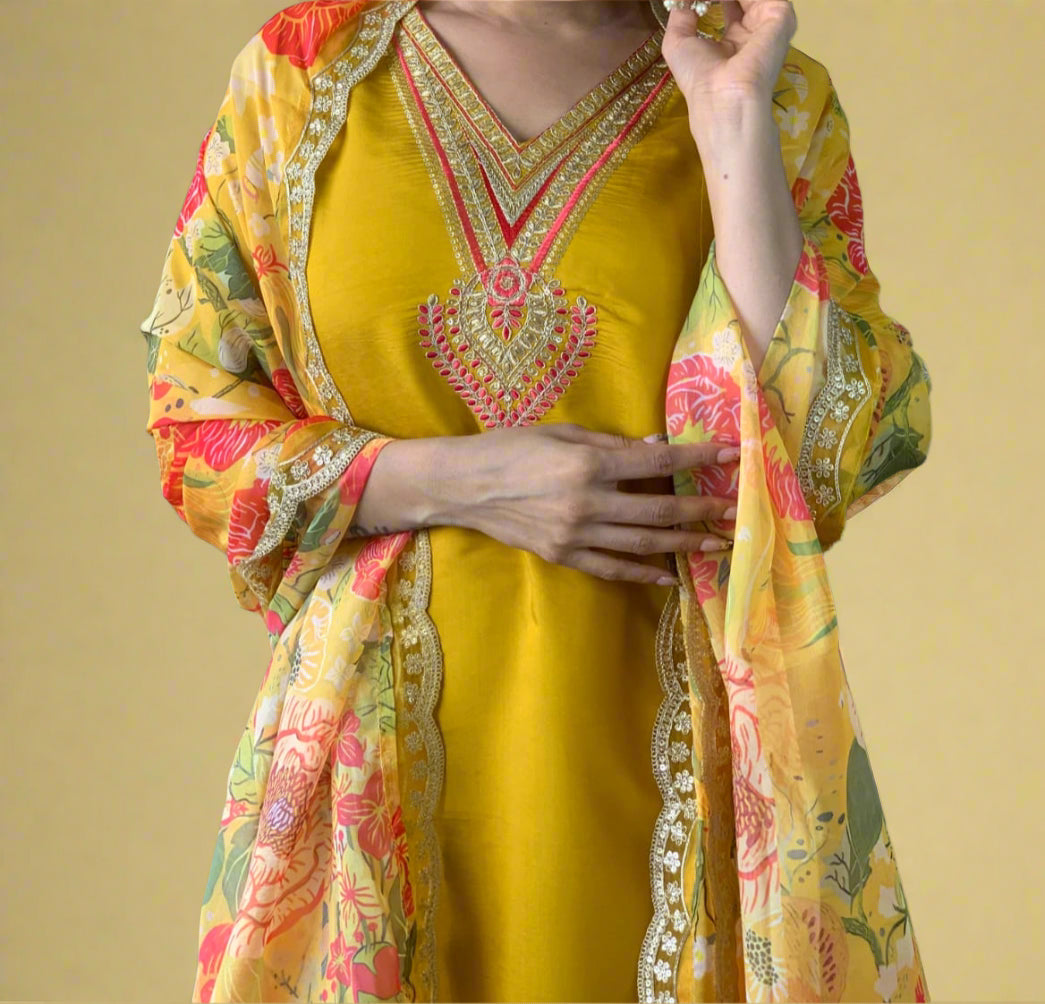 Beauty Of Grey Skies Chanderi Yellow Kurti Set