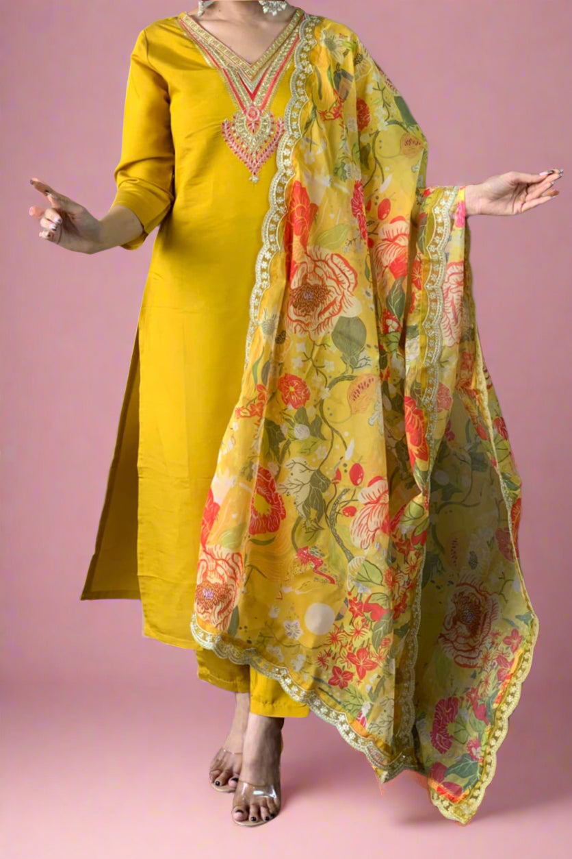 Beauty Of Grey Skies Chanderi Yellow Kurti Set