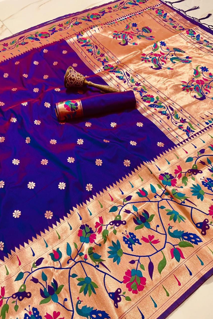 A Touch Of Rosemary Kanchivaram Paithani Blue Silk Saree