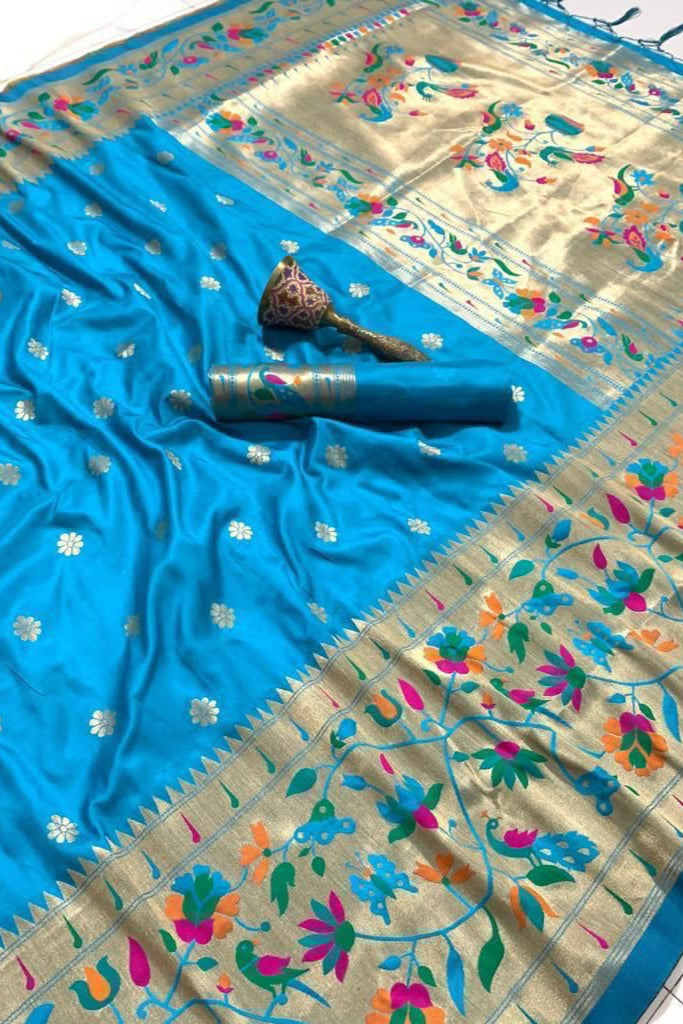 A Touch Of Rosemary Kanchivaram Paithani Blue Silk Saree