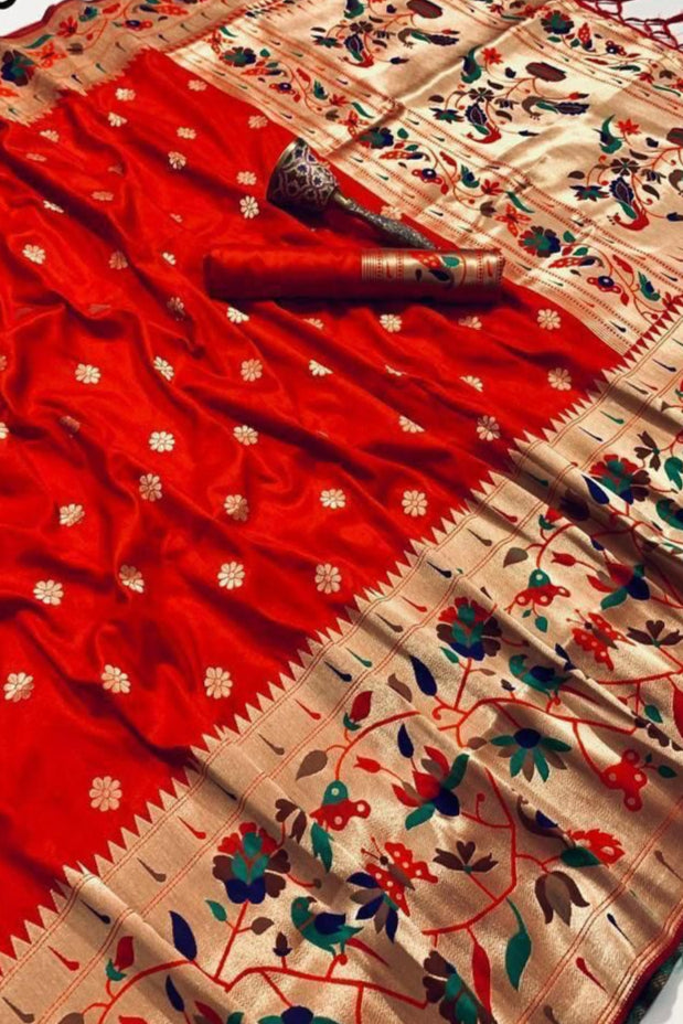 A Touch Of Rosemary Kanchivaram Paithani Red Silk Saree