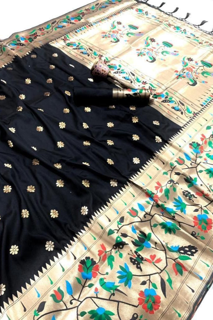 A Touch Of Rosemary Kanchivaram Paithani Black Silk Saree