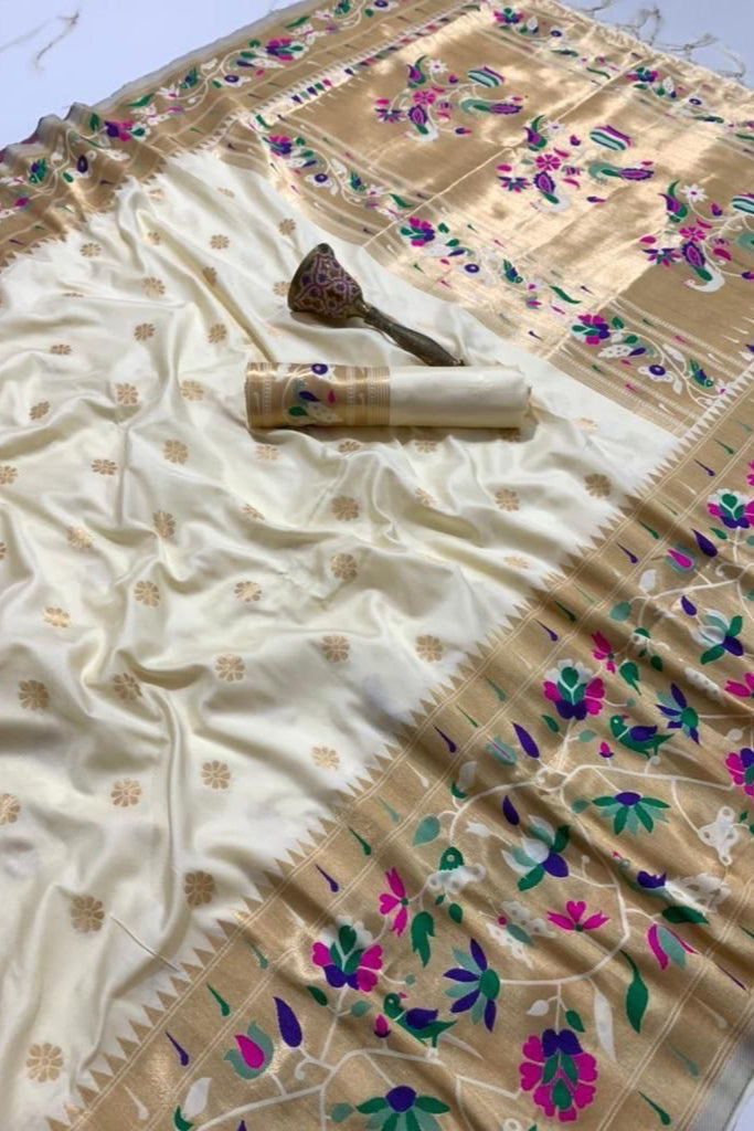 A Touch Of Rosemary Kanchivaram Paithani White Silk Saree