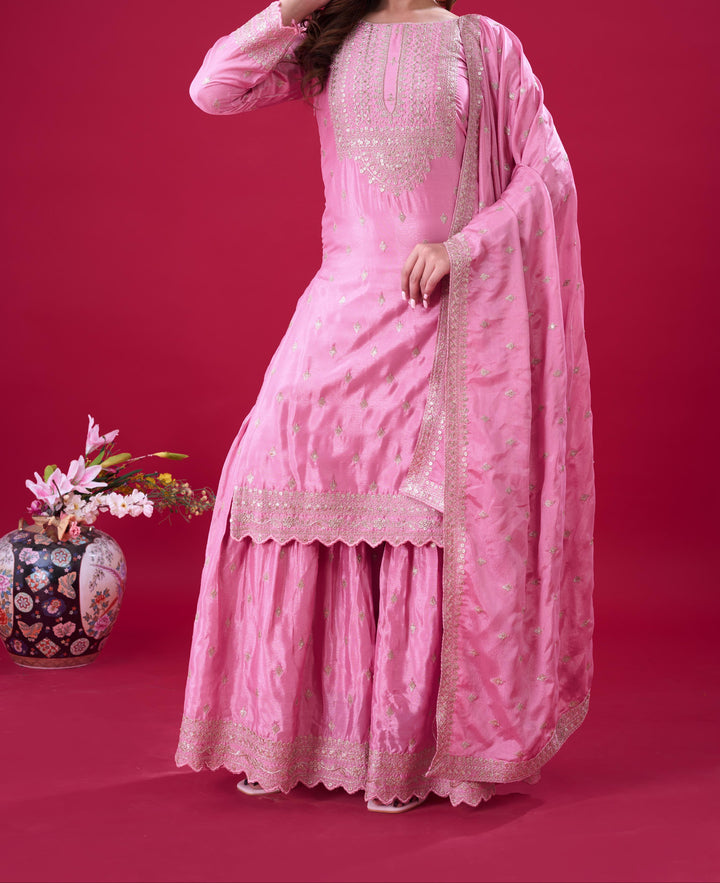 Vision Of Grace Pink Chinnon Silk Sharara Set