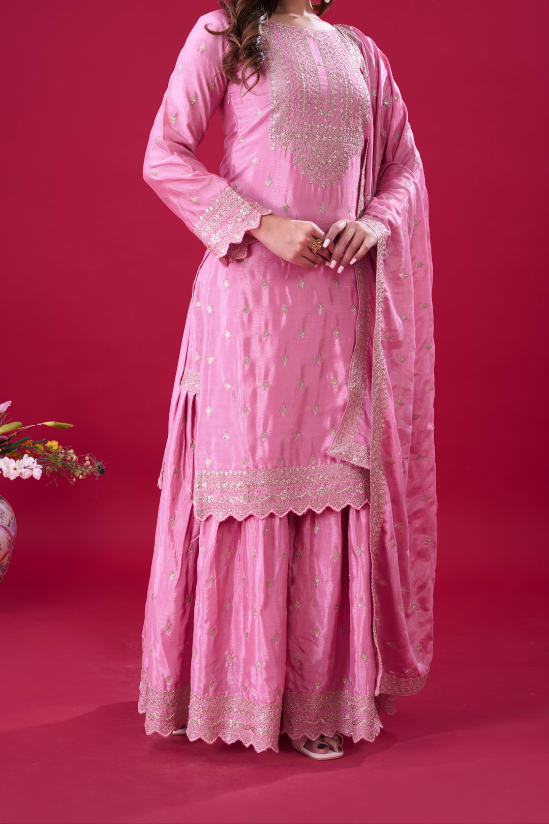 Vision Of Grace Pink Chinnon Silk Sharara Set