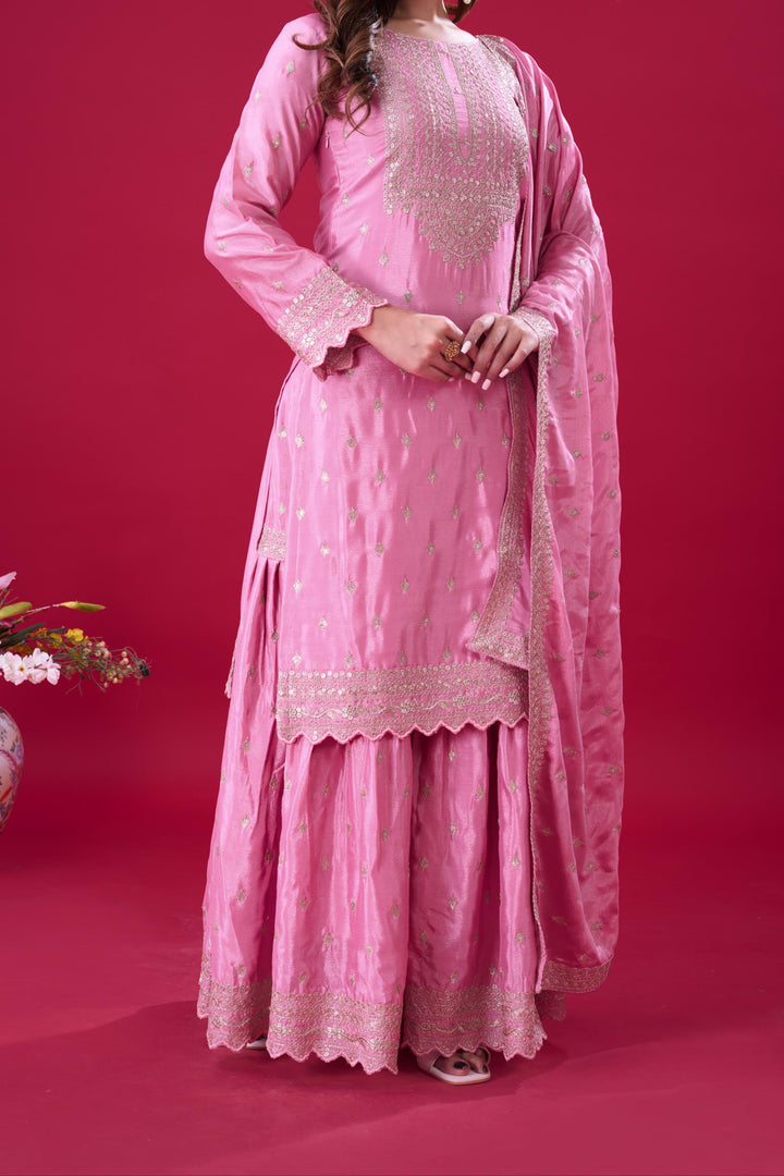 Vision Of Grace Pink Chinnon Silk Sharara Set