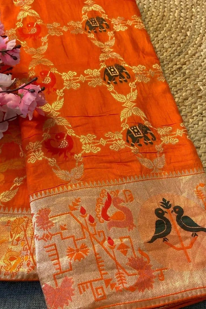 Cross Combination Fancy Silk Orange Saree