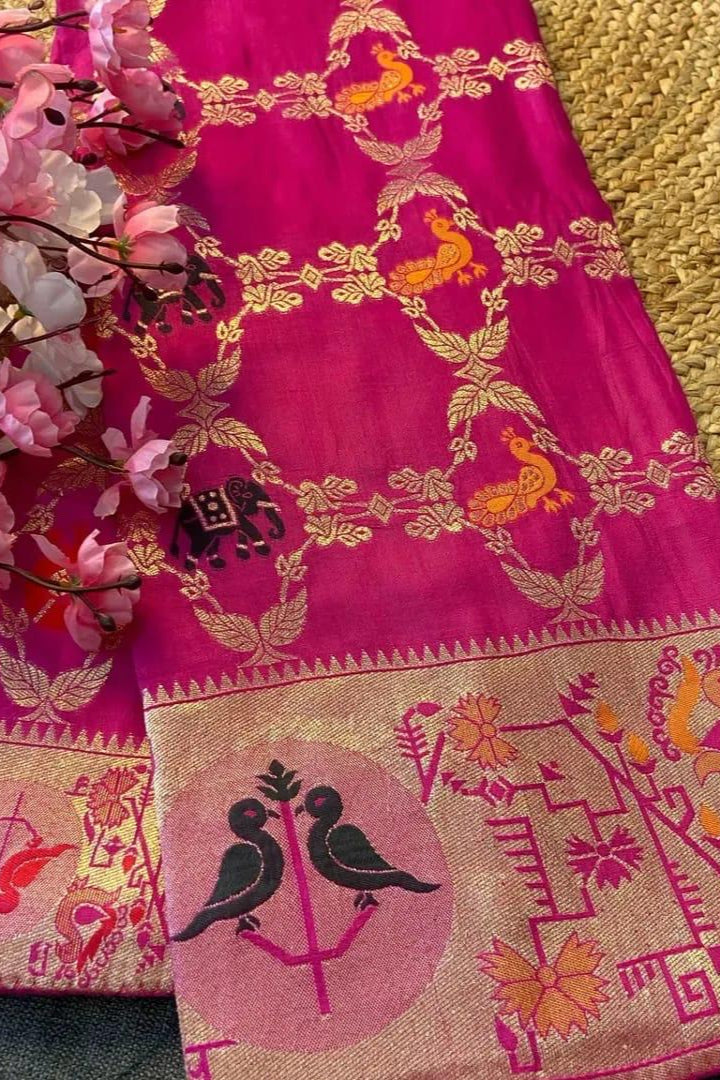 Cross Combination Fancy Silk Pink Saree