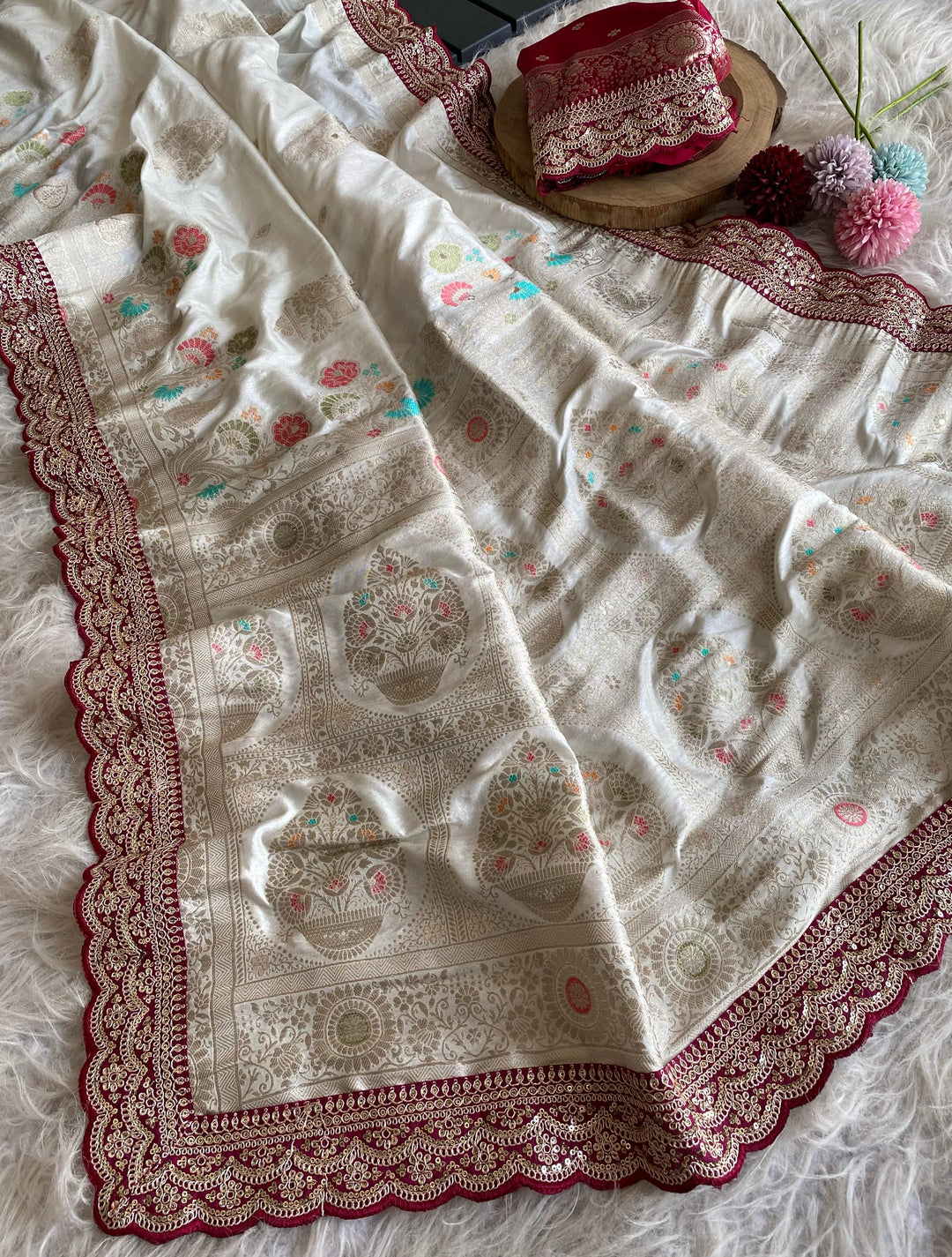 Little Highlights Banarasi White Dola Silk Saree