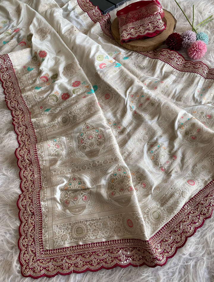 Little Highlights Banarasi White Dola Silk Saree