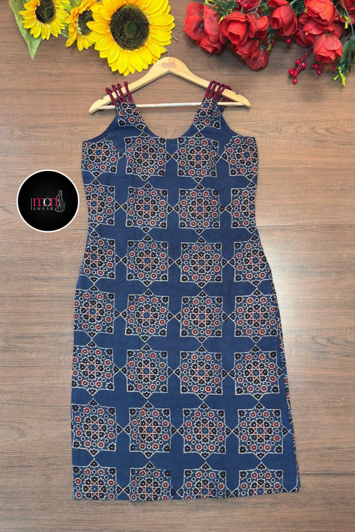 Noir Nova -  Pure Ajrakh Sustainable  Kurti (With Braided Strap)