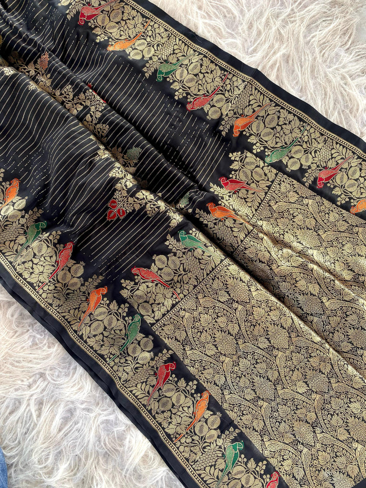 Little Talks Banarasi Mushru Satin Black Silk Saree