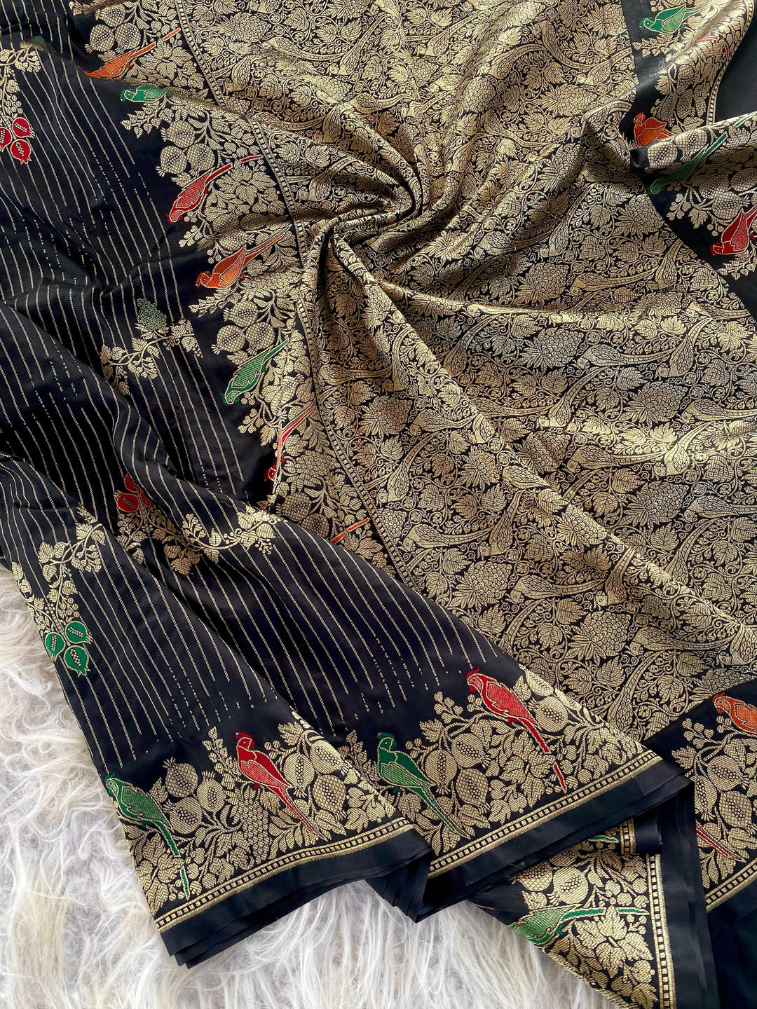 Little Talks Banarasi Mushru Satin Black Silk Saree