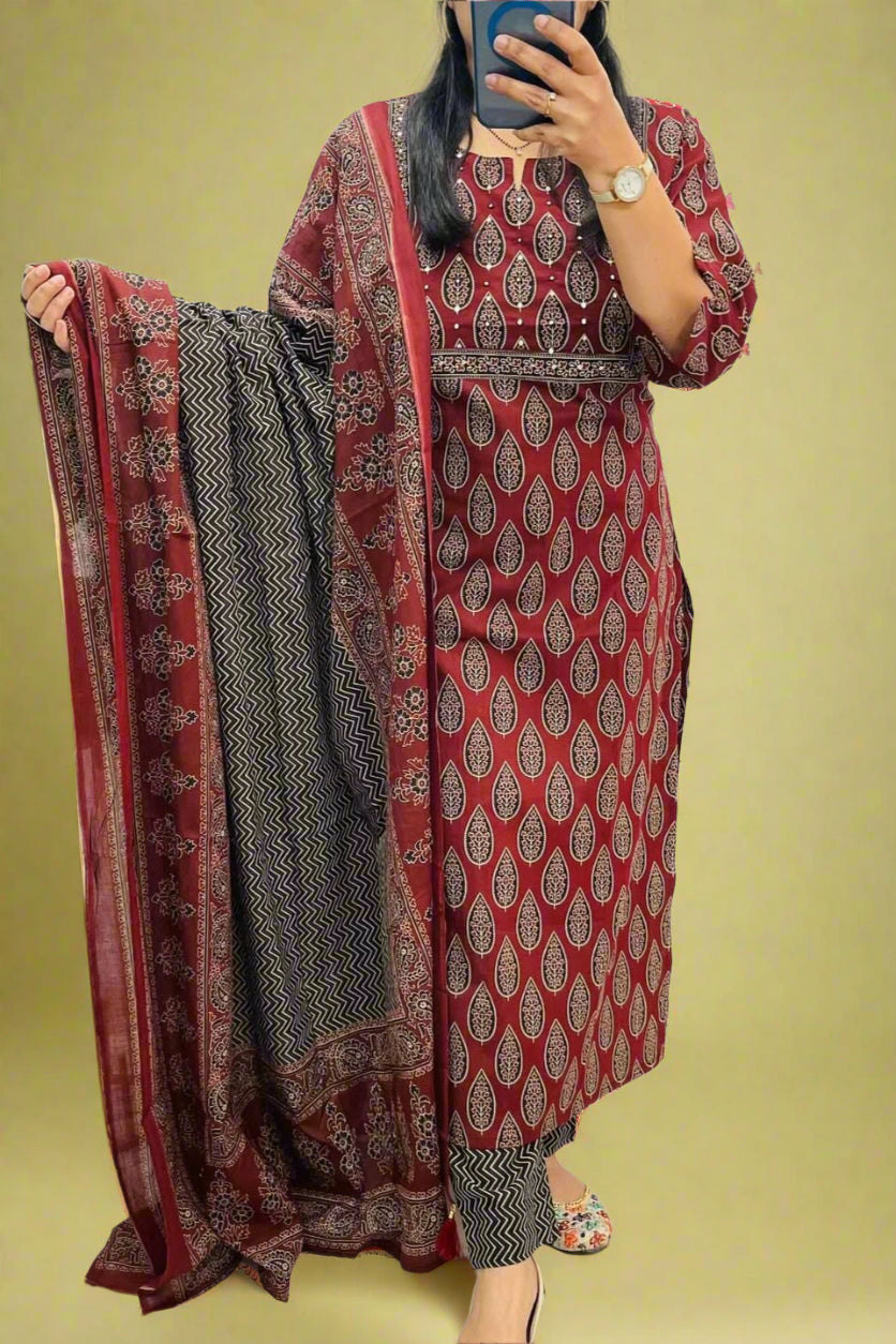 Ajrakh Print Cotton Kurti Set