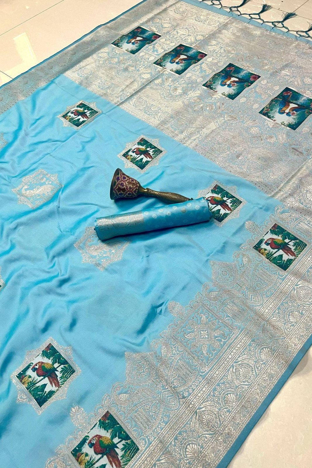 Monochrome Magic Kanjivarum Blue Paithani Silk Saree