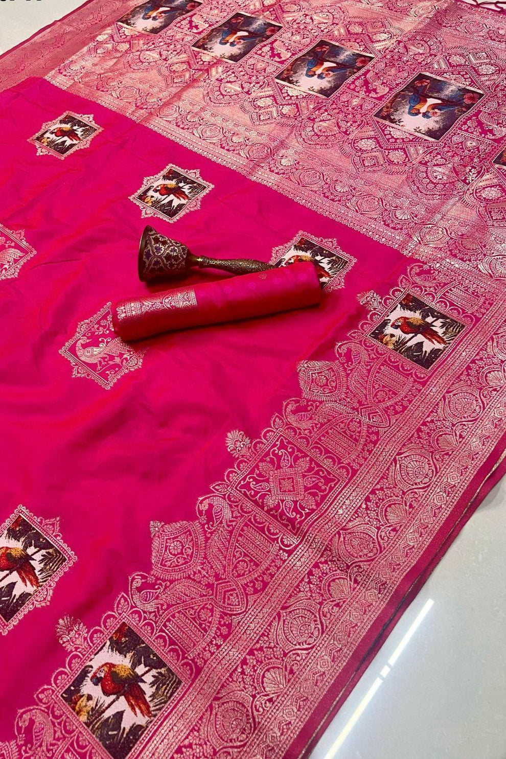 Monochrome Magic Kanjivarum Rani Pink Paithani Silk Saree