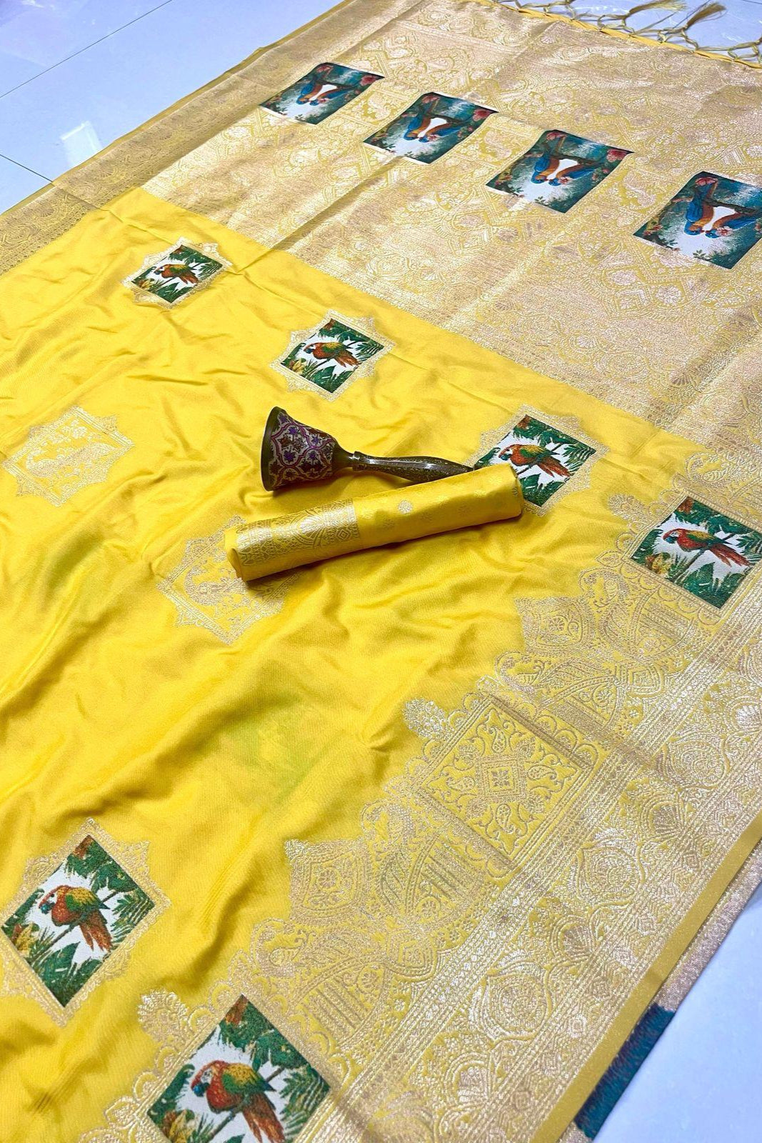 Monochrome Magic Kanjivarum Yellow Paithani Silk Saree
