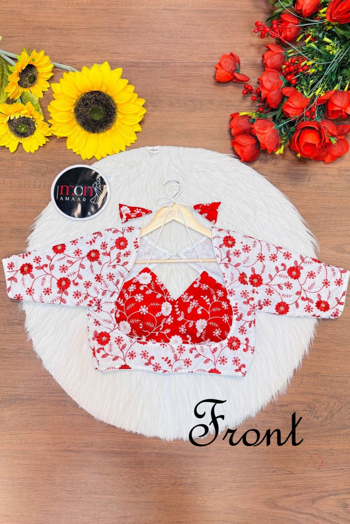 Red White Masaba Style Silk Blouse