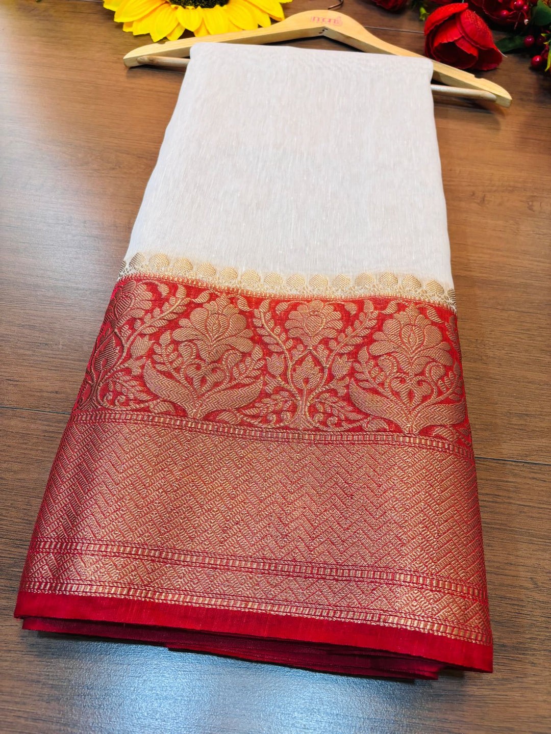 Red White Pure Handwoven Silk Linen Banarasi Saree