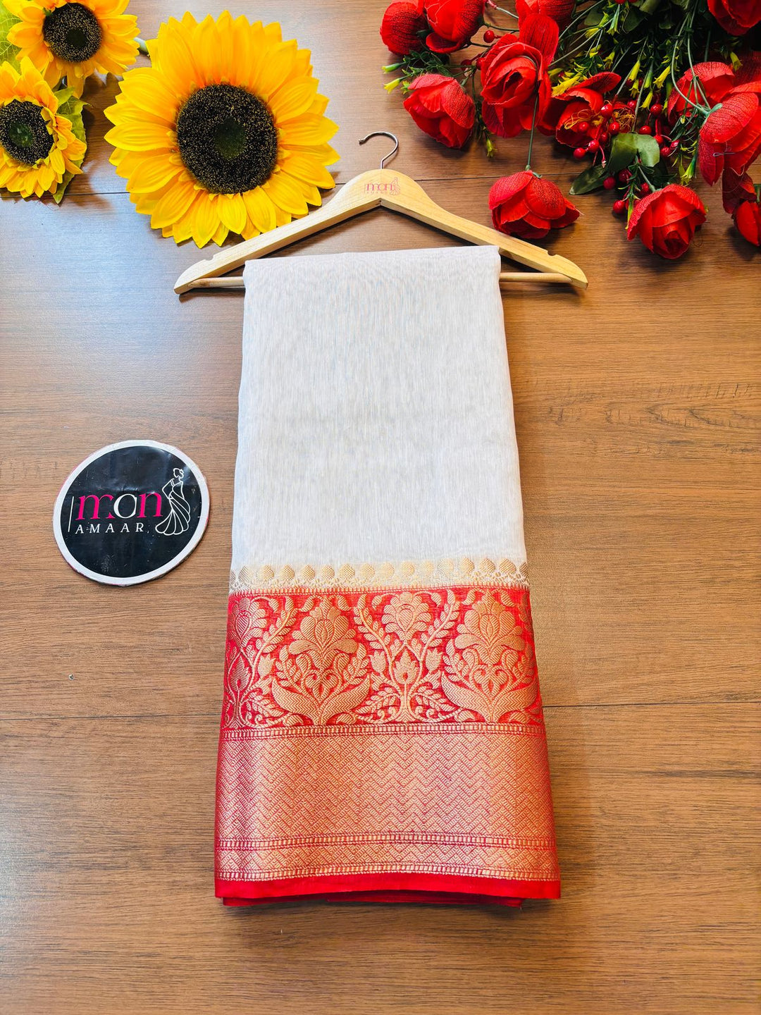 Red White Pure Handwoven Silk Linen Banarasi Saree