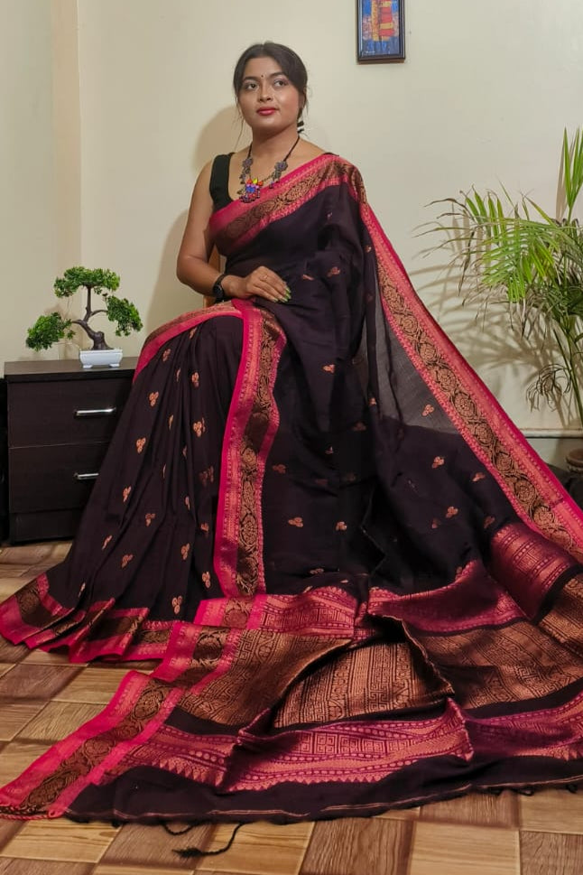 April Roses Cotton Linen Banarasi Saree