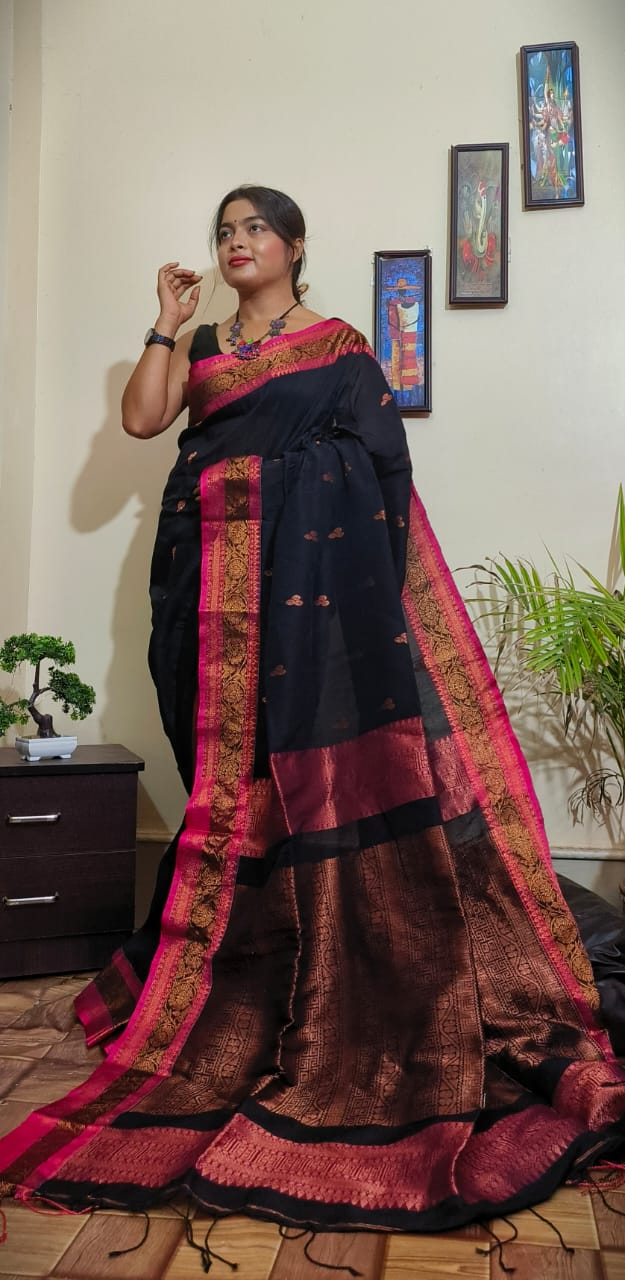 April Roses Cotton Linen Banarasi Saree