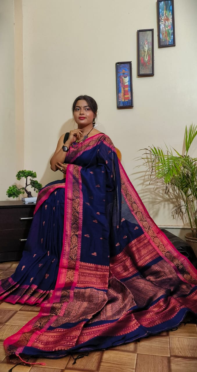 April Roses Cotton Linen Banarasi Saree