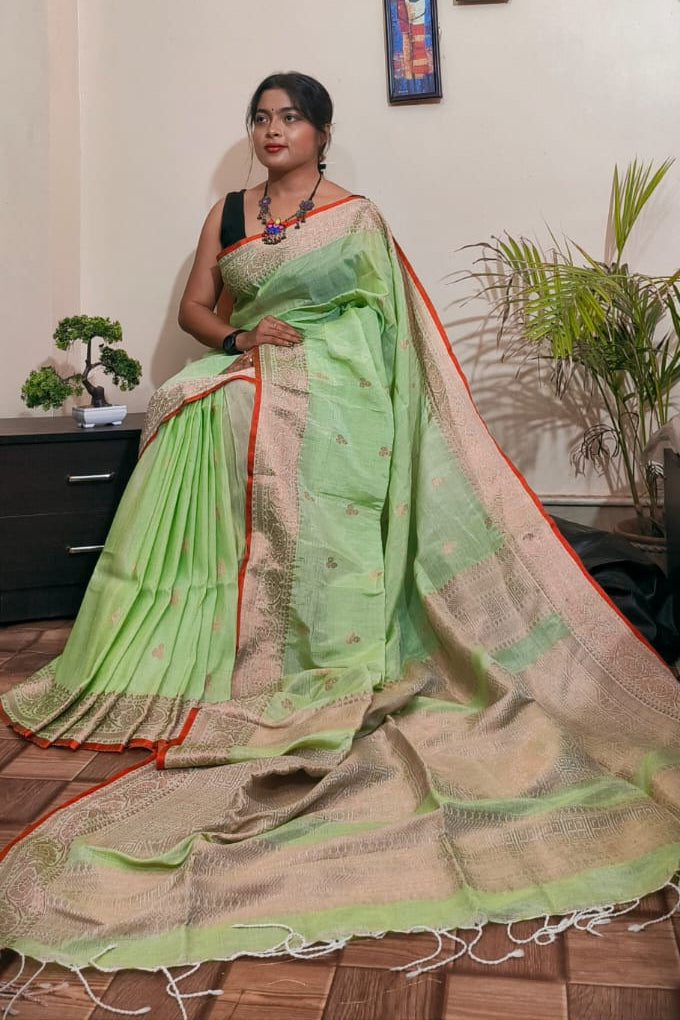 April Roses Cotton Linen Banarasi Saree