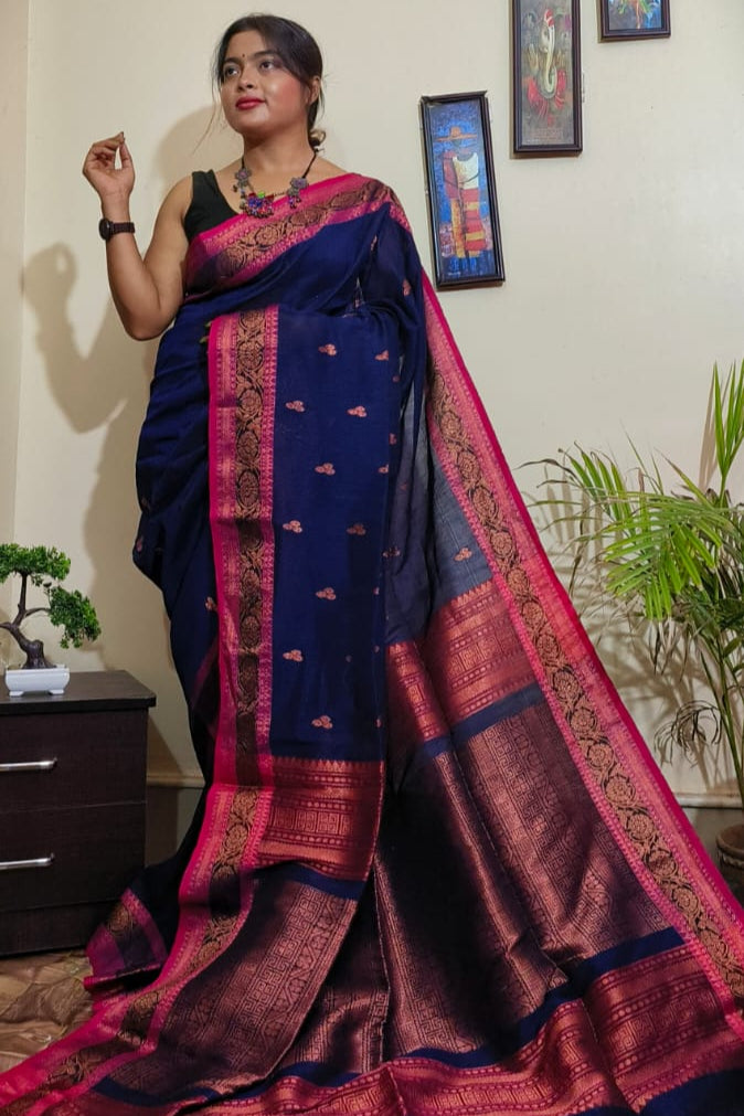 April Roses Cotton Linen Banarasi Saree
