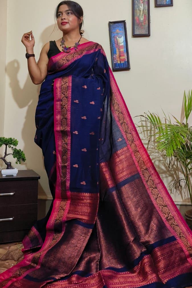 April Roses Cotton Linen Banarasi Saree