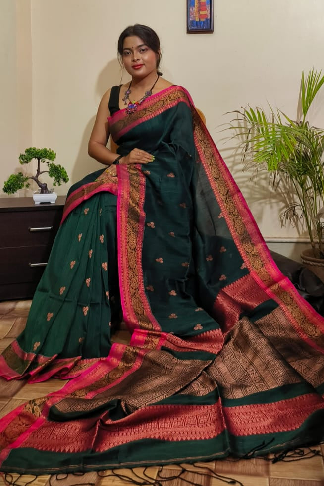 April Roses Cotton Linen Banarasi Saree