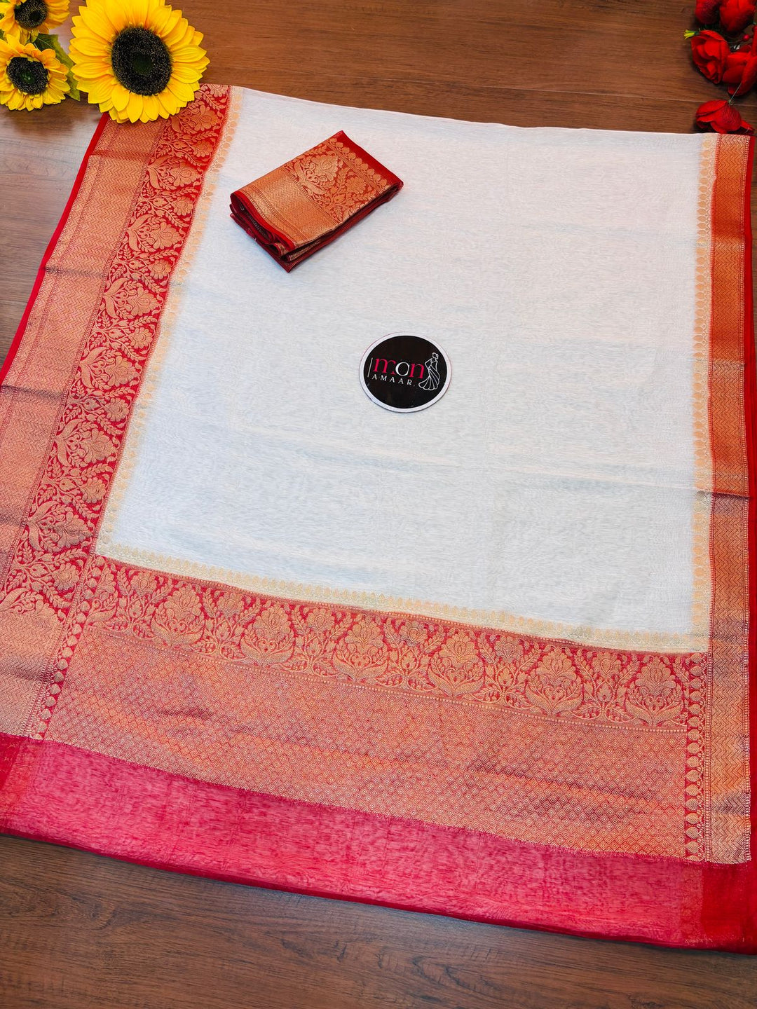 Red White Pure Handwoven Silk Linen Banarasi Saree