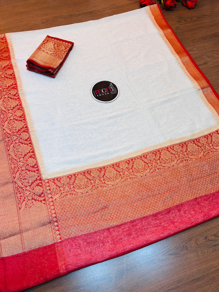 Red White Pure Handwoven Silk Linen Banarasi Saree
