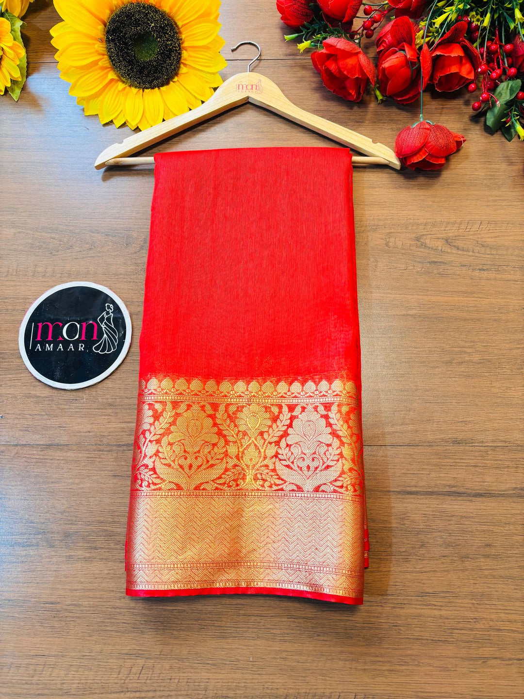 Red Pure Handwoven Silk Linen Banarasi