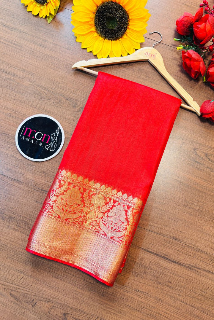 Red Pure Handwoven Silk Linen Banarasi