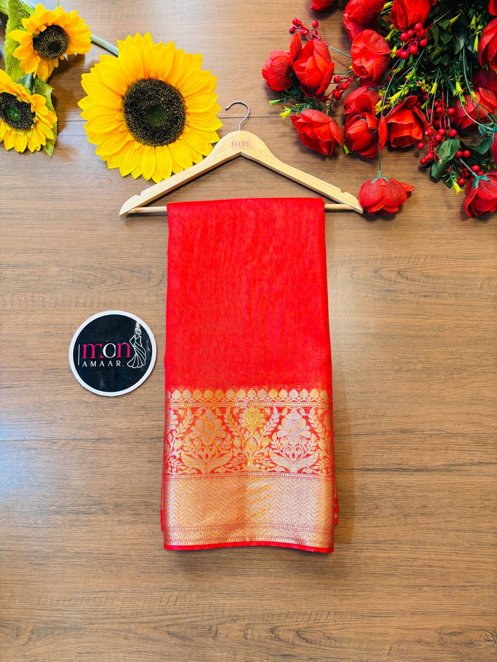 Red Pure Handwoven Silk Linen Banarasi