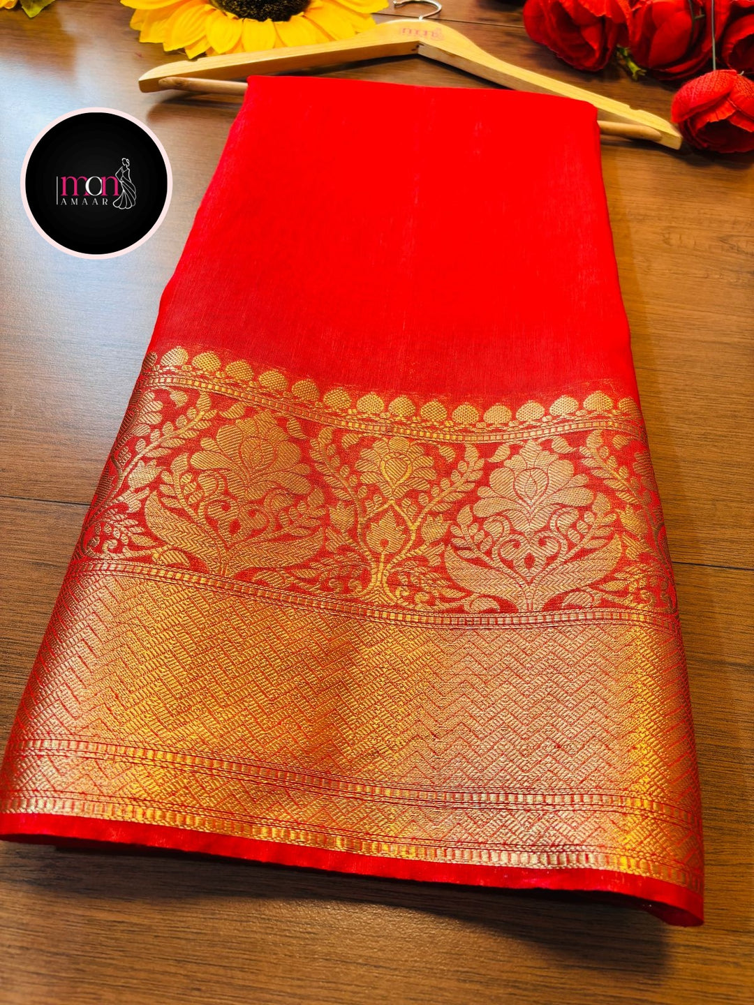 Red Pure Handwoven Silk Linen Banarasi