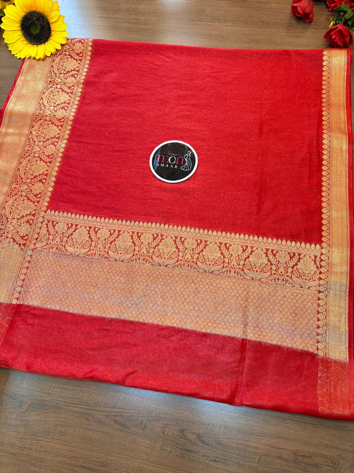Red Pure Handwoven Silk Linen Banarasi