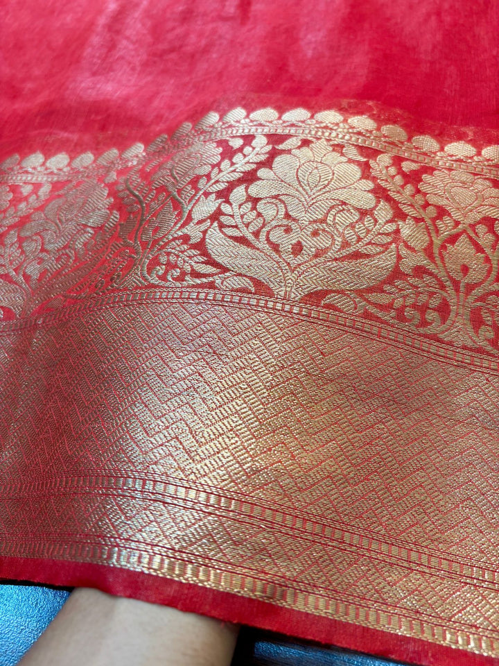 Red Pure Handwoven Silk Linen Banarasi