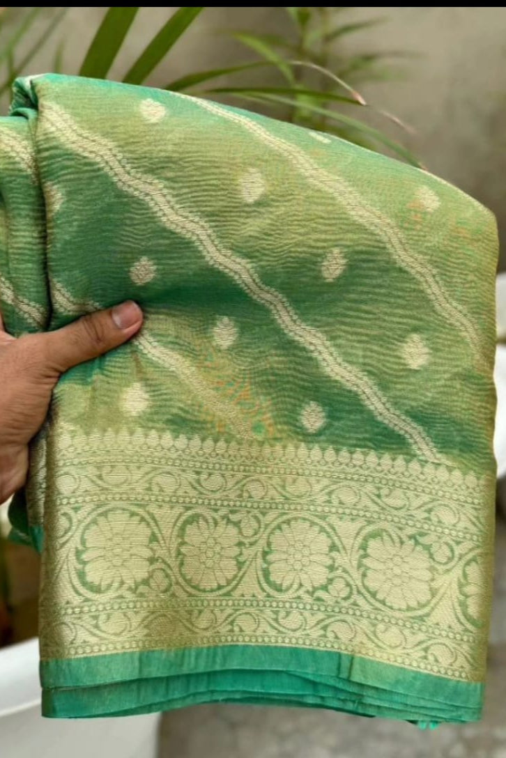 Iconic Look Banarasi Tissue Katan Crush Green Silk Saree