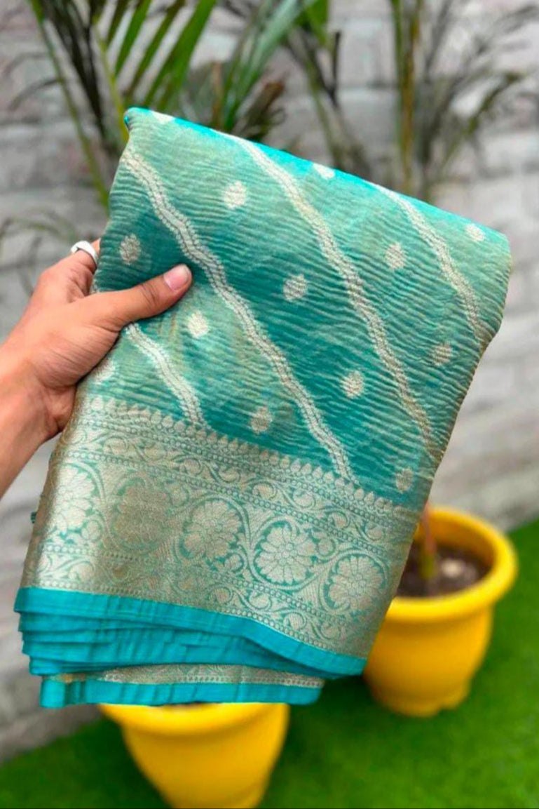 Iconic Look Banarasi Tissue Katan Crush Blue Silk Saree